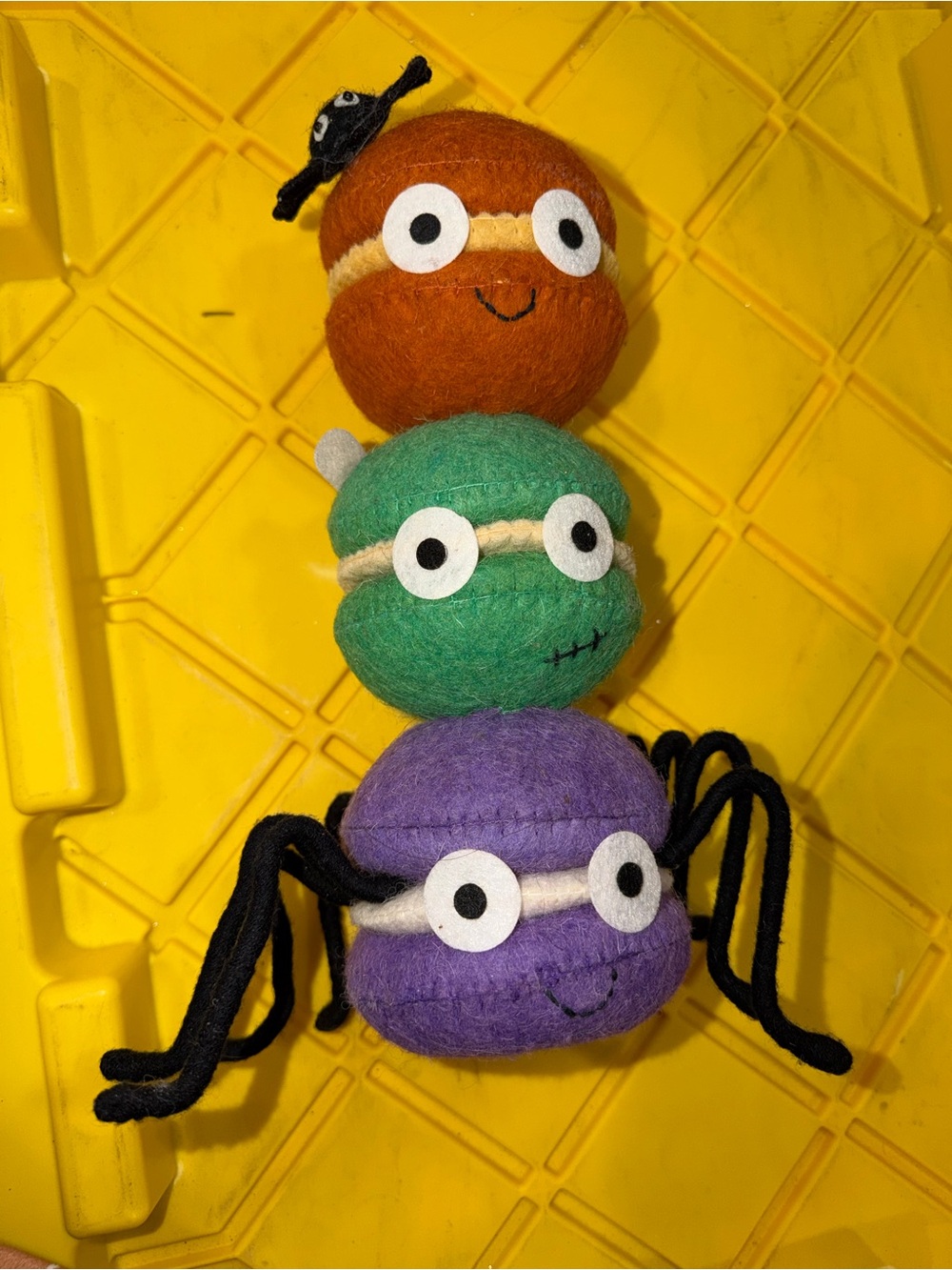 Stackable felt Macaron Spider Trio - Orange, Green & Purple